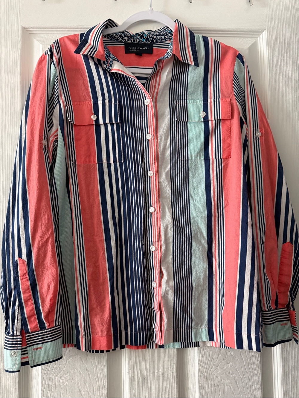 Jones New York Signature Striped Button Front Shirt L Cotton Coastal Preppy
